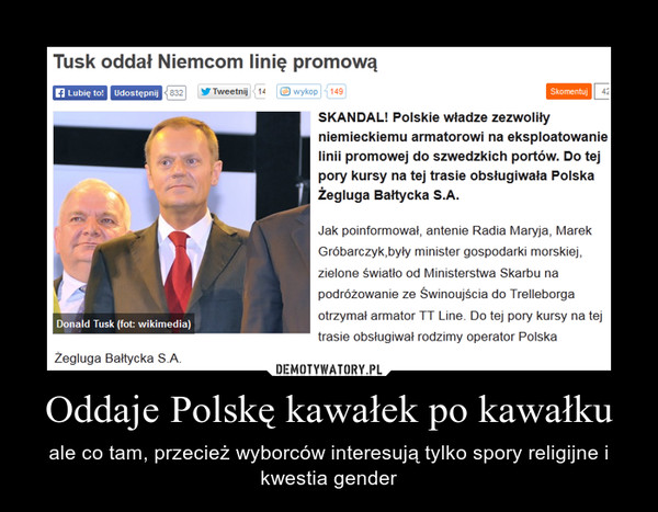 Oddaje Polskę kawałek po kawałku – ale co tam, przecież wyborców interesują tylko spory religijne i kwestia gender 
