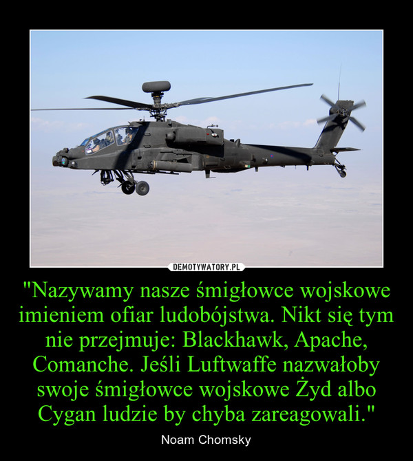 "Nazywamy nasze śmigłowce wojskowe imieniem ofiar ludobójstwa. Nikt się tym nie przejmuje: Blackhawk, Apache, Comanche. Jeśli Luftwaffe nazwałoby swoje śmigłowce wojskowe Żyd albo Cygan ludzie by chyba zareagowali." – Noam Chomsky 