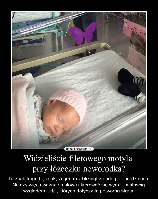 Widzieliście filetowego motyla przy łóżeczku noworodka? – To znak tragedii, znak, że jedno z bliźniąt zmarło po narodzinach. Należy więc uważać na słowa i kierować się wyrozumiałością względem ludzi, których dotyczy ta potworna strata. 