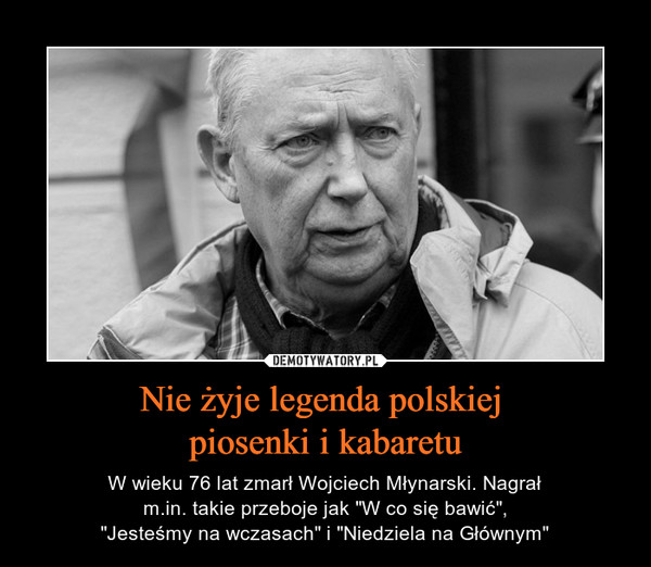 Nie żyje legenda polskiej piosenki i kabaretu – W wieku 76 lat zmarł Wojciech Młynarski. Nagrałm.in. takie przeboje jak "W co się bawić","Jesteśmy na wczasach" i "Niedziela na Głównym" 