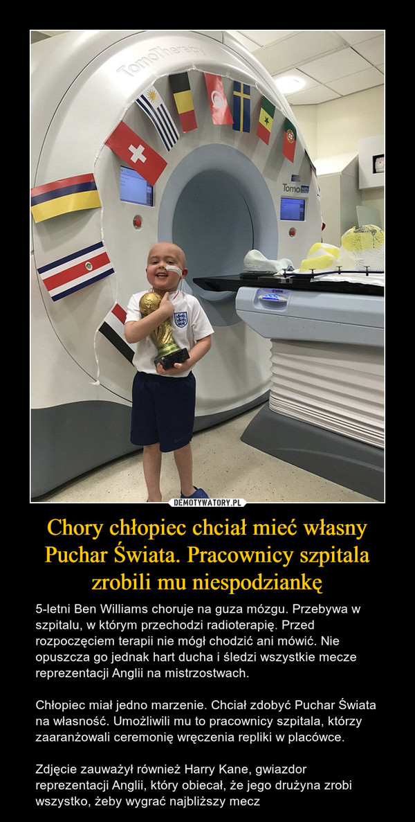 Chory chłopiec chciał mieć własny Puchar Świata. Pracownicy szpitala zrobili mu niespodziankę