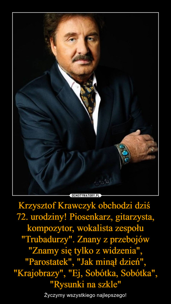 Krzysztof Krawczyk obchodzi dziś 72. urodziny! Piosenkarz, gitarzysta, kompozytor, wokalista zespołu "Trubadurzy". Znany z przebojów "Znamy się tylko z widzenia", "Parostatek", "Jak minął dzień", "Krajobrazy", "Ej, Sobótka, Sobótka", "Rysunki na szkle" – Życzymy wszystkiego najlepszego! 