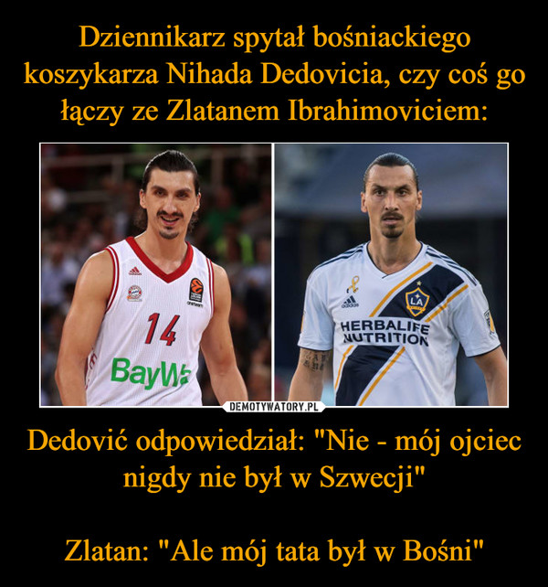 Dziennikarz spytał bośniackiego koszykarza Nihada Dedovicia, czy coś go łączy ze Zlatanem Ibrahimoviciem: Dedović odpowiedział: "Nie - mój ojciec nigdy nie był w Szwecji"

Zlatan: "Ale mój tata był w Bośni"