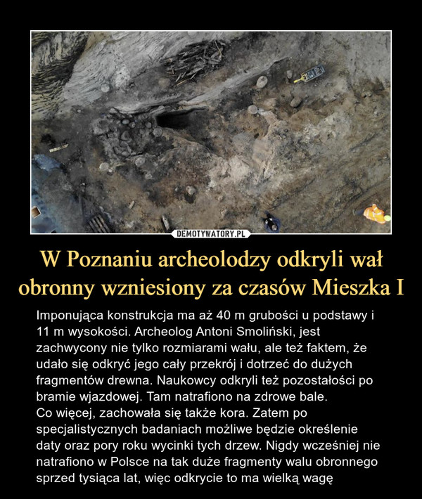 W Poznaniu archeolodzy odkryli wał obronny wzniesiony za czasów Mieszka I – Imponująca konstrukcja ma aż 40 m grubości u podstawy i 11 m wysokości. Archeolog Antoni Smoliński, jest zachwycony nie tylko rozmiarami wału, ale też faktem, że udało się odkryć jego cały przekrój i dotrzeć do dużych fragmentów drewna. Naukowcy odkryli też pozostałości po bramie wjazdowej. Tam natrafiono na zdrowe bale. Co więcej, zachowała się także kora. Zatem po specjalistycznych badaniach możliwe będzie określenie daty oraz pory roku wycinki tych drzew. Nigdy wcześniej nie natrafiono w Polsce na tak duże fragmenty walu obronnego sprzed tysiąca lat, więc odkrycie to ma wielką wagę 