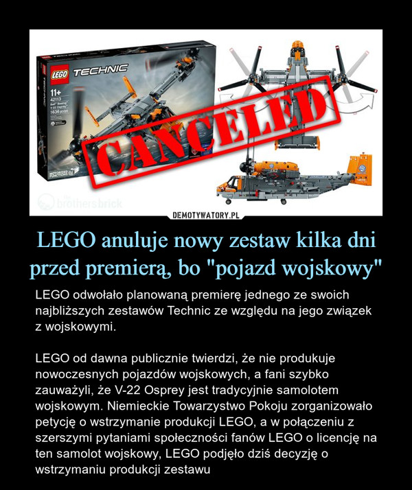 LEGO anuluje nowy zestaw kilka dni przed premierą, bo "pojazd wojskowy"