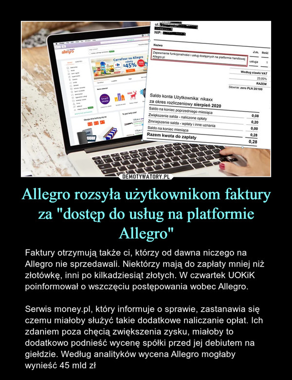 Allegro rozsyła użytkownikom faktury za "dostęp do usług na platformie Allegro"
