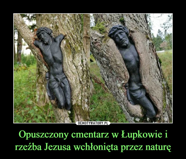 Opuszczony cmentarz w Łupkowie i rzeźba Jezusa wchłonięta przez naturę