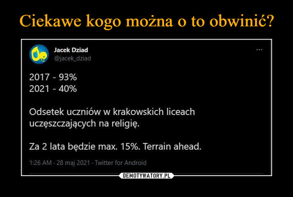  –  Jacek Dorad @jacek_dziad 2017 - 93% 2021 - 40% Odsetek uczniów w krakowskich liceach uczęszczających na religię. Za 2 lata będzie max. 15%. Terrain ahead. AU • 28 maj 2021 • Twitter for Android