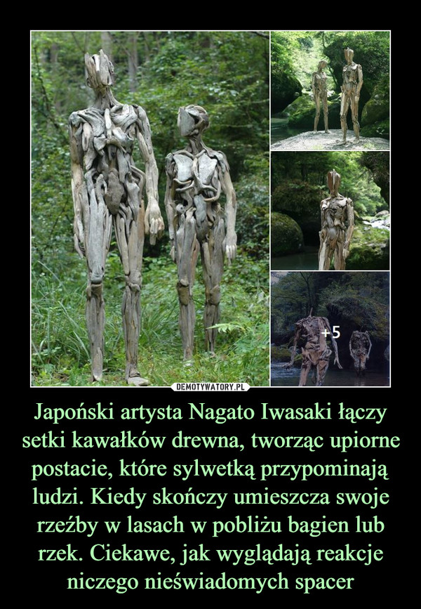 Japoński artysta Nagato Iwasaki łączy setki kawałków drewna, tworząc upiorne postacie, które sylwetką przypominają ludzi. Kiedy skończy umieszcza swoje rzeźby w lasach w pobliżu bagien lub rzek. Ciekawe, jak wyglądają reakcje niczego nieświadomych spacer