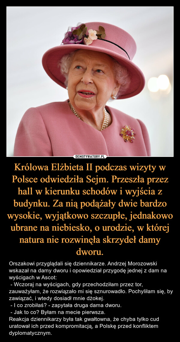 Królowa Elżbieta II podczas wizyty w Polsce odwiedziła Sejm. Przeszła przez hall w kierunku schodów i wyjścia z budynku. Za nią podążały dwie bardzo wysokie, wyjątkowo szczupłe, jednakowo ubrane na niebiesko, o urodzie, w której natura nie rozwinęła skrzydeł damy dworu. – Orszakowi przyglądali się dziennikarze. Andrzej Morozowski wskazał na damy dworu i opowiedział przygodę jednej z dam na wyścigach w Ascot: - Wczoraj na wyścigach, gdy przechodziłam przez tor, zauważyłam, że rozwiązało mi się sznurowadło. Pochyliłam się, by zawiązać, i wtedy dosiadł mnie dżokej. - I co zrobiłaś? - zapytała druga dama dworu. - Jak to co? Byłam na mecie pierwsza.Reakcja dziennikarzy była tak gwałtowna, że chyba tylko cud uratował ich przed kompromitacją, a Polskę przed konfliktem dyplomatycznym. 