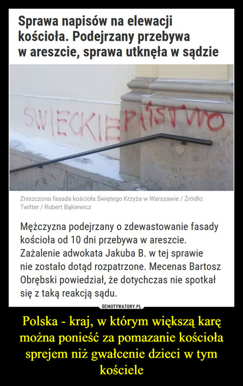 Polska - kraj, w którym większą karę można ponieść za pomazanie kościoła sprejem niż gwałcenie dzieci w tym kościele