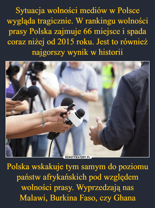 Sytuacja wolności mediów w Polsce wygląda tragicznie. W rankingu wolności prasy Polska zajmuje 66 miejsce i spada coraz niżej od 2015 roku. Jest to również najgorszy wynik w historii Polska wskakuje tym samym do poziomu państw afrykańskich pod względem wolności prasy. Wyprzedzają nas Malawi, Burkina Faso, czy Ghana