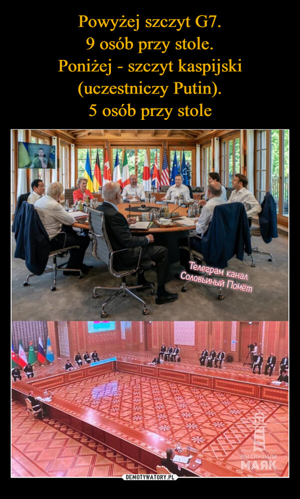 Powyżej szczyt G7.
9 osób przy stole.
Poniżej - szczyt kaspijski (uczestniczy Putin).
5 osób przy stole