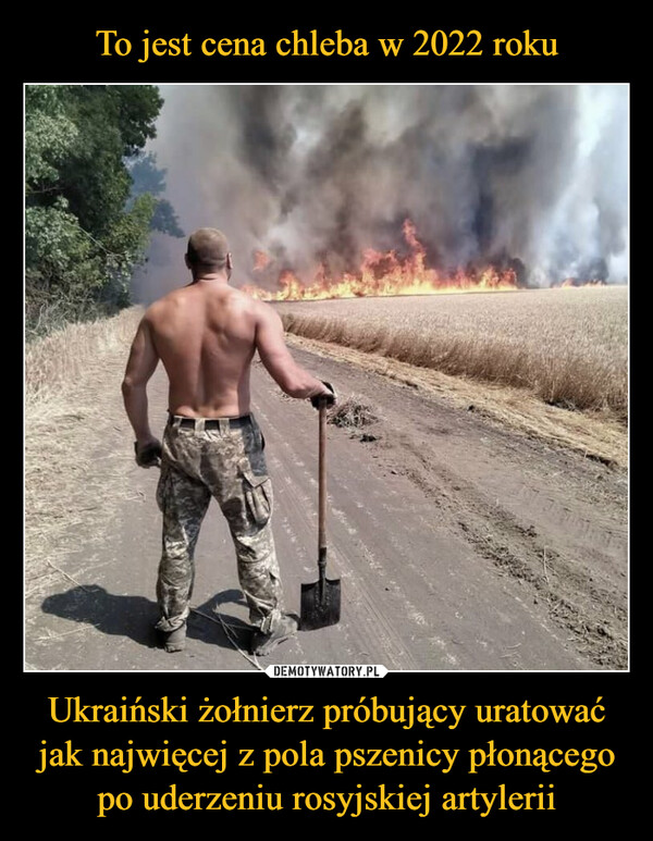 Ukraiński żołnierz próbujący uratować jak najwięcej z pola pszenicy płonącego po uderzeniu rosyjskiej artylerii –  