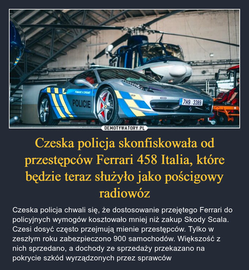 Czeska policja skonfiskowała od przestępców Ferrari 458 Italia, które będzie teraz służyło jako pościgowy radiowóz