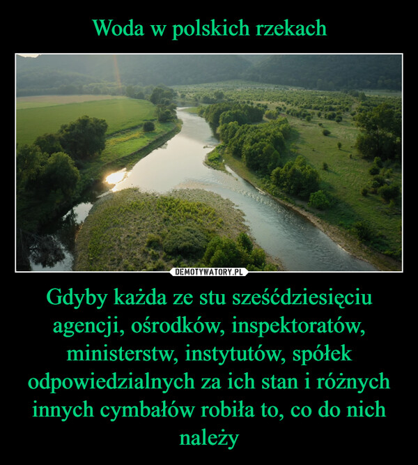 Woda w polskich rzekach Gdyby każda ze stu sześćdziesięciu agencji, ośrodków, inspektoratów, ministerstw, instytutów, spółek odpowiedzialnych za ich stan i różnych innych cymbałów robiła to, co do nich należy