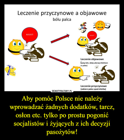 Aby pomóc Polsce nie należy wprowadzać żadnych dodatków, tarcz, osłon etc. tylko po prostu pogonić socjalistów i żyjących z ich decyzji pasożytów!