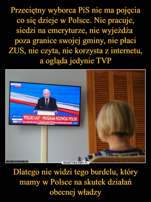 Przeciętny wyborca PiS nie ma pojęcia co się dzieje w Polsce. Nie pracuje, siedzi na emeryturze, nie wyjeżdża 
poza granice swojej gminy, nie płaci ZUS, nie czyta, nie korzysta z internetu, a ogląda jedynie TVP Dlatego nie widzi tego burdelu, który mamy w Polsce na skutek działań obecnej władzy