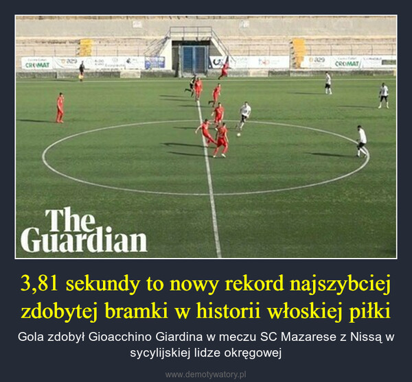 3,81 sekundy to nowy rekord najszybciej zdobytej bramki w historii włoskiej piłki – Gola zdobył Gioacchino Giardina w meczu SC Mazarese z Nissą w sycylijskiej lidze okręgowej 