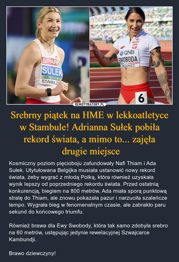 Srebrny piątek na HME w lekkoatletyce w Stambule! Adrianna Sułek pobiła rekord świata, a mimo to... zajęła
 drugie miejsce