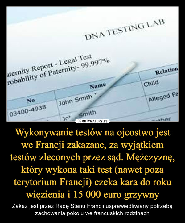 Wykonywanie testów na ojcostwo jest we Francji zakazane, za wyjątkiem testów zleconych przez sąd. Mężczyznę, który wykona taki test (nawet poza terytorium Francji) czeka kara do roku więzienia i 15 000 euro grzywny – Zakaz jest przez Radę Stanu Francji usprawiedliwiany potrzebą zachowania pokoju we francuskich rodzinach DNA TESTING LABaternity Report - Legal Testrobability of Paternity- 99.997%No03400-4938NameJohn SmithJo SmithRelationChildAlleged Fauber