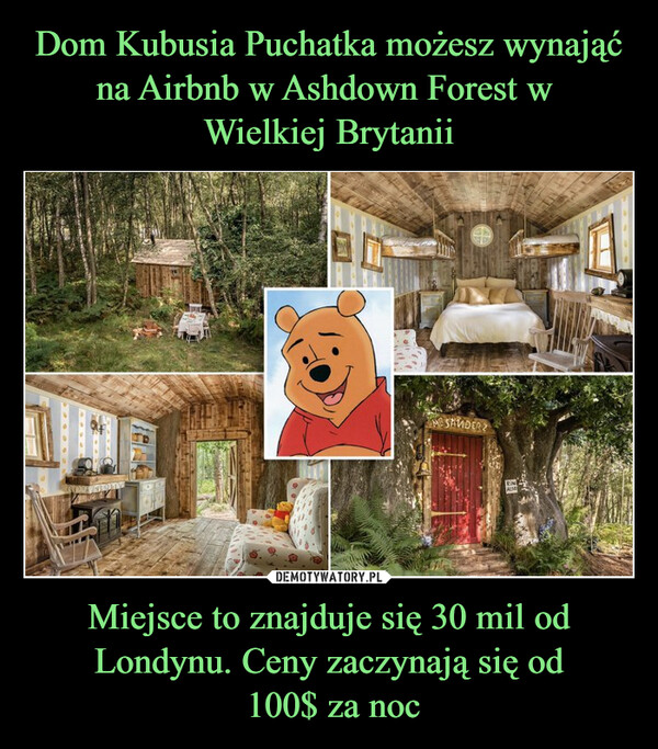 Dom Kubusia Puchatka możesz wynająć na Airbnb w Ashdown Forest w 
Wielkiej Brytanii Miejsce to znajduje się 30 mil od Londynu. Ceny zaczynają się od
 100$ za noc