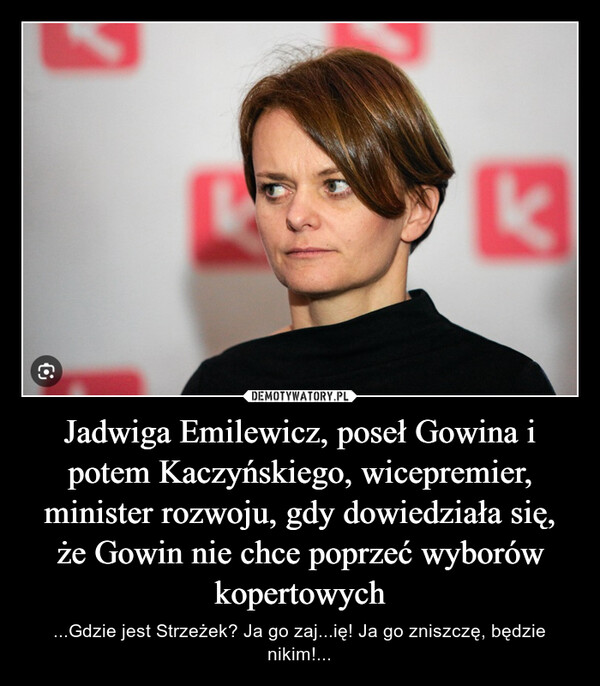 Jadwiga Emilewicz, poseł Gowina i potem Kaczyńskiego, wicepremier, minister rozwoju, gdy dowiedziała się, że Gowin nie chce poprzeć wyborów kopertowych – ...Gdzie jest Strzeżek? Ja go zaj...ię! Ja go zniszczę, będzie nikim!... k