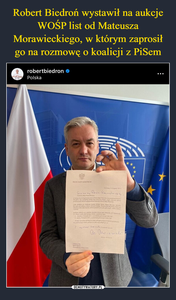 Robert Biedroń wystawił na aukcje WOŚP list od Mateusza Morawieckiego, w którym zaprosił go na rozmowę o koalicji z PiSem
